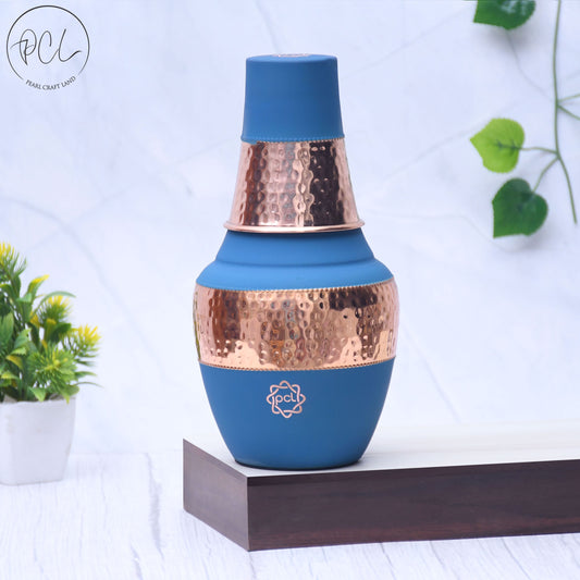 Pure Copper Silk Blue Venus Pot with Inbuilt Glass Capacity 1400ML.