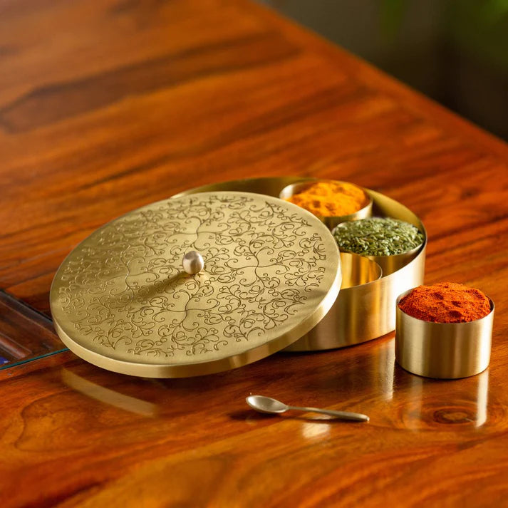 Handcrafted Brass Masala Box Set for Kitchen with Spoon  (7 Containers, 40 ML) 5"
