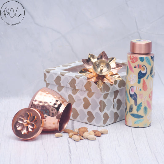 Pure Copper Bottle with Container Jar and Floral Candle Holder Set of 3 Combo
