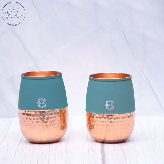 Pure Copper Water Glass Set of 2 Silk Green Half Hammered Dholak Tumbler Capacity 250ML