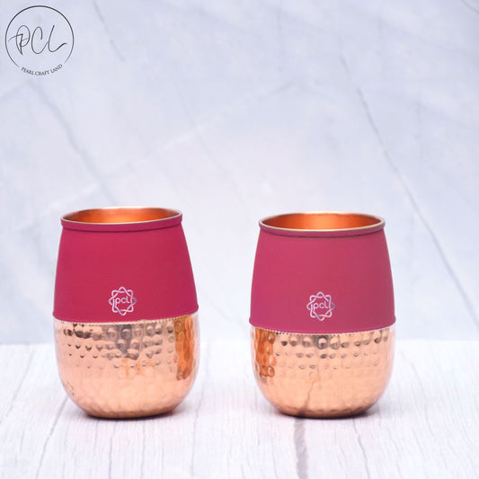 Pure Copper Water Glass Set of 2 Silk Red Cherry Half Hammered Dholak Tumbler Capacity 250ML