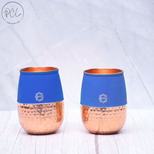 Pure Copper Water Glass Set of 2 Silk Blue Half Hammered Dholak Tumbler Capacity 250ML
