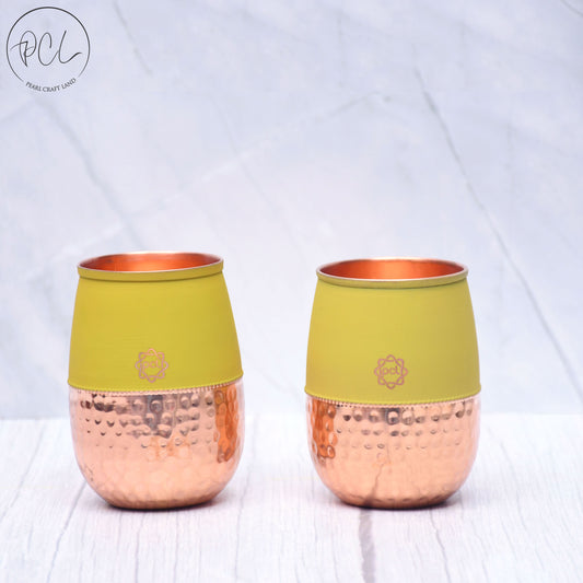 Pure Copper Water Glass Set of 2 Silk Yellow Half Hammered Dholak Tumbler Capacity 250ML