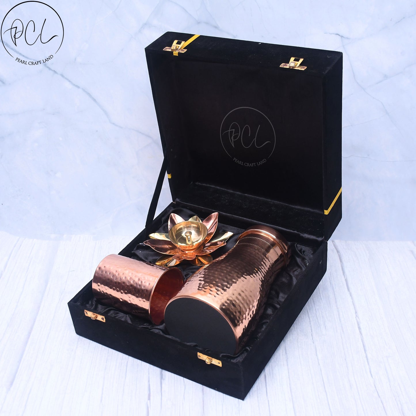 Exclusive Combo of Copper Bedroom Jar with Glass and Pooja Lotus Diya with Royal Gifting Box