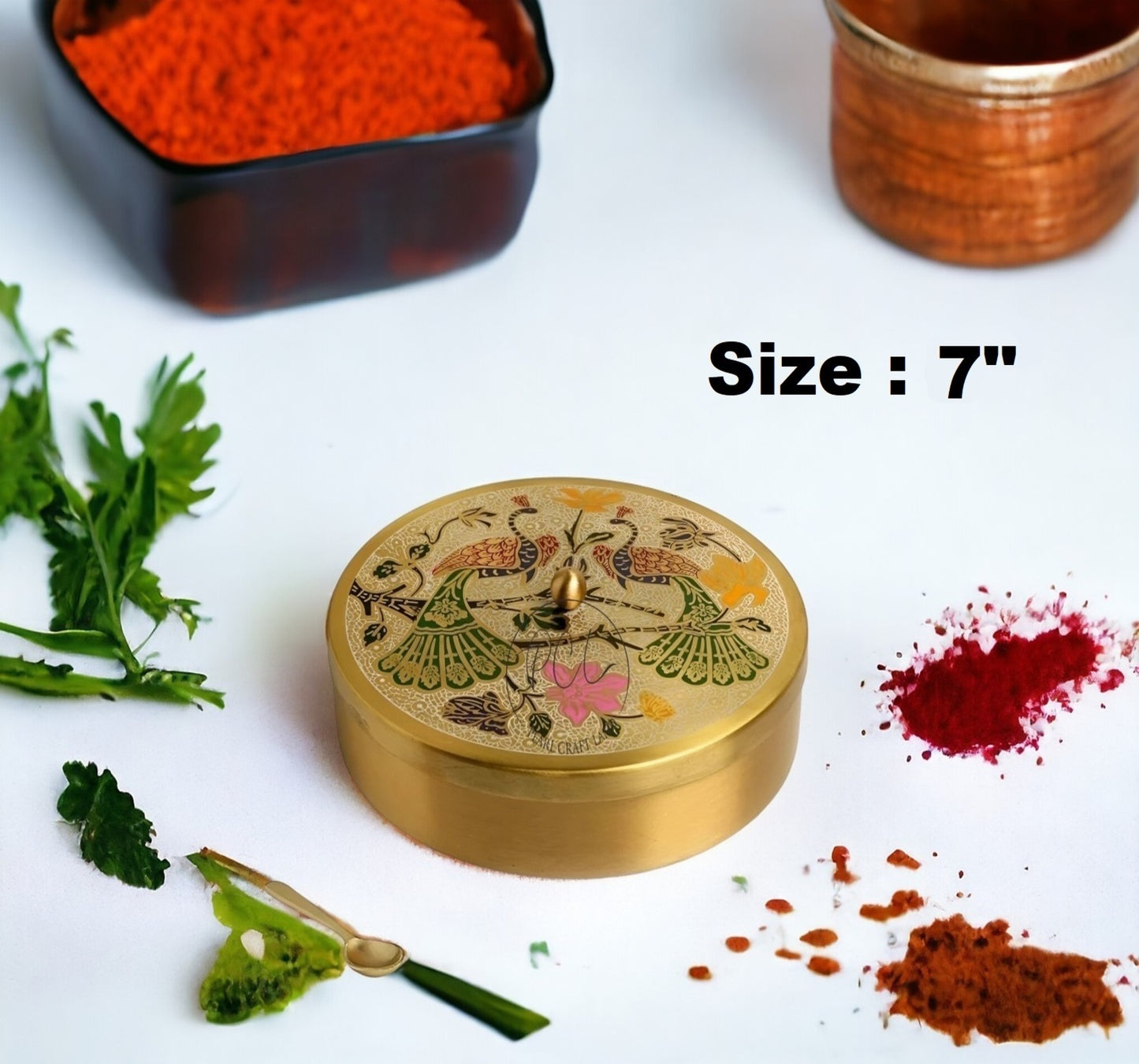 Handcrafted Brass Masala Box Peacock Design Set for Kitchen with Spoon (7 Container)