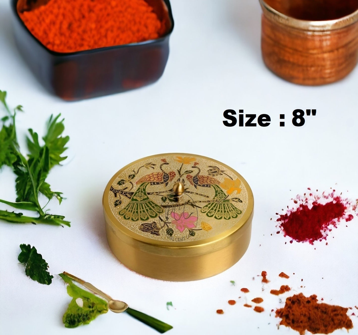 Handcrafted Brass Masala Box Peacock Design Set for Kitchen with Spoon (7 Container)