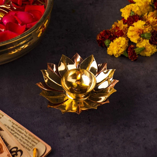 Pure Copper / Brass Elegant Handcrafted Metal Lotus Diya ( 5 INCH ) Diwali Special