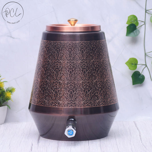 Pure Copper Water Dispenser Conical Antique Engraved Designed Capacity 5000 ML