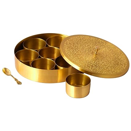 Handcrafted Brass Masala Box Set for Kitchen with Spoon  (7 Containers, 40 ML) 6"