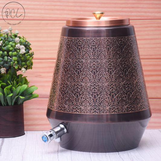Pure Copper Water Dispenser Conical Antique Engraved Designed Capacity 8000 ML