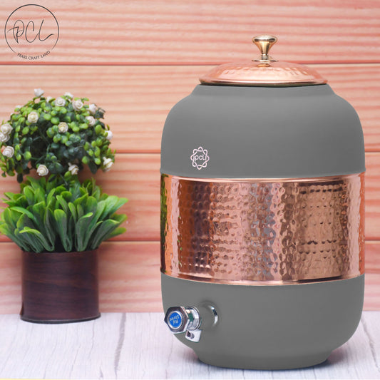 Pure Copper Silk Grey Half Hammered Water Dispenser (Matka) Capacity 8000ML