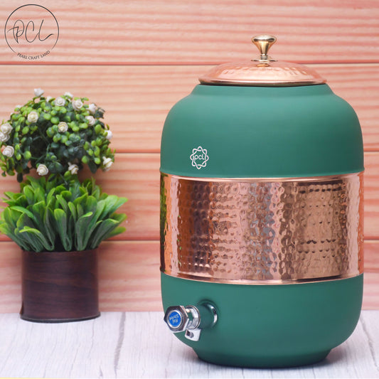 Pure Copper Silk Green Half Hammered Water Dispenser (Matka) Capacity 8000ML