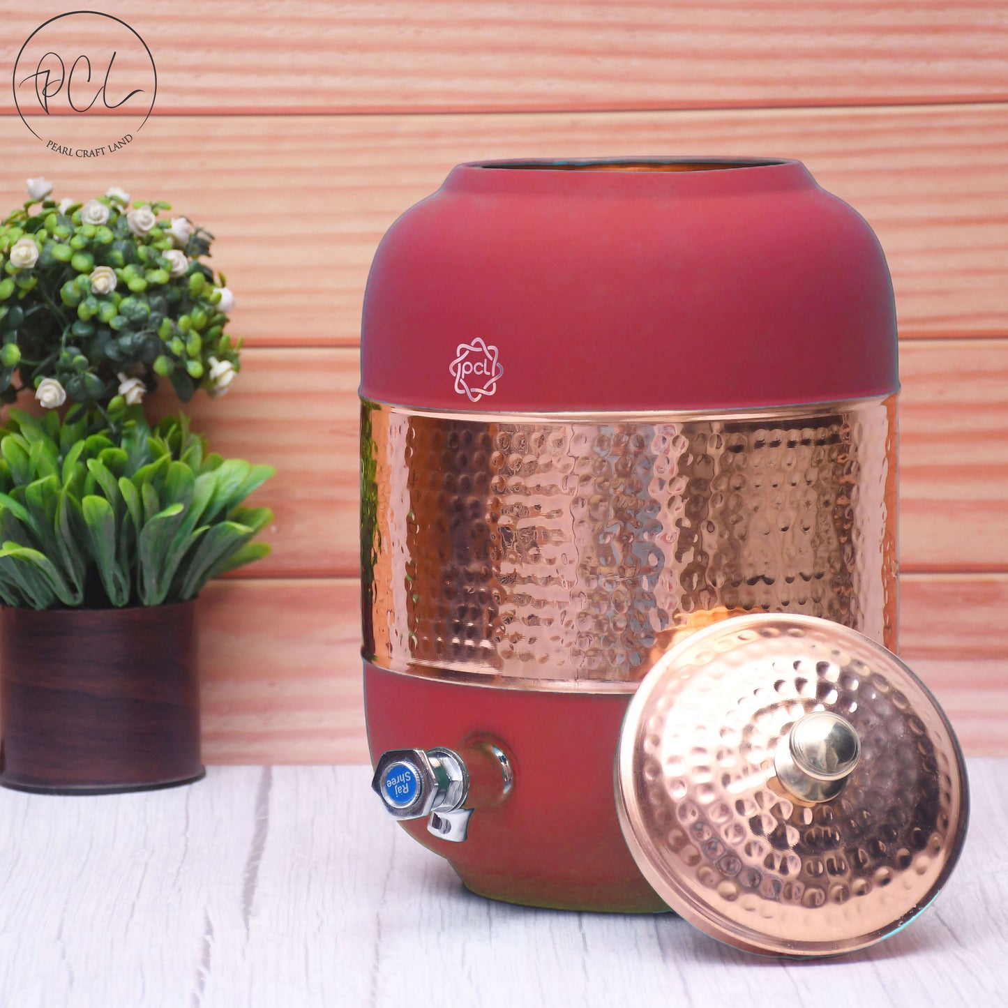 Pure Copper Silk Red Cherry Half Hammered Water Dispenser (Matka) Capacity 8000ML