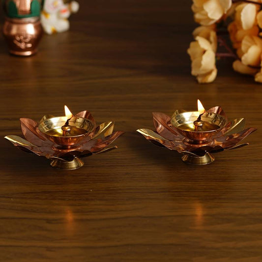 Pure Copper / Brass Elegant Handcrafted Metal Lotus Diya Set of 2 Diwali Special