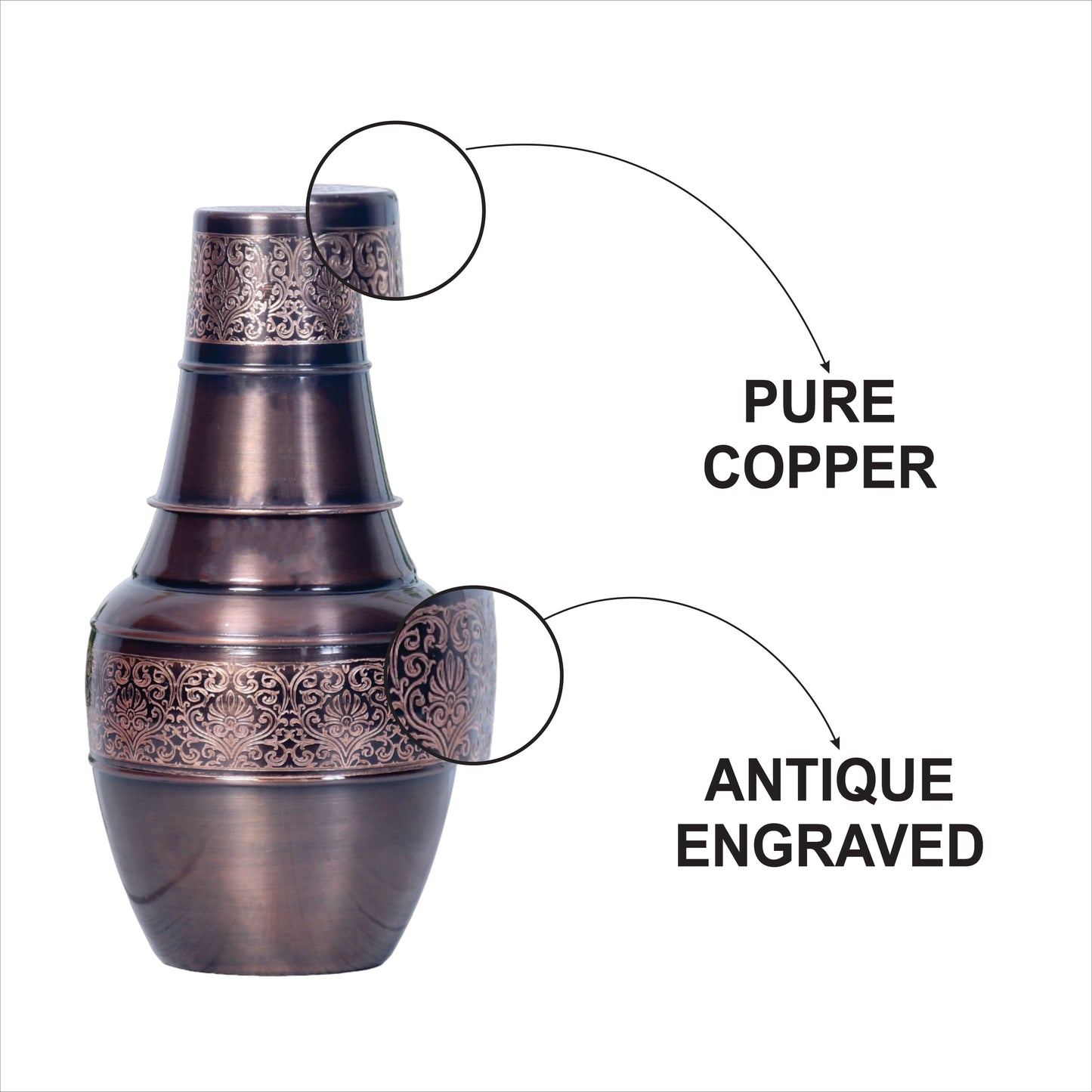Pure Copper Bedside Venus Jar Antique Engraved with Inbuilt Glass Capacity 1400 ML.
