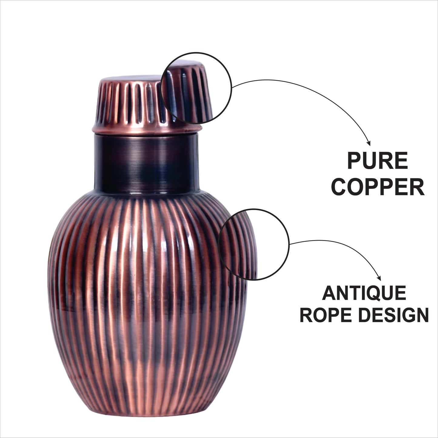 Pure Copper Bedside Apple Jar Line Punch Antique Rope with In-Built Glass Capacity 1200ML