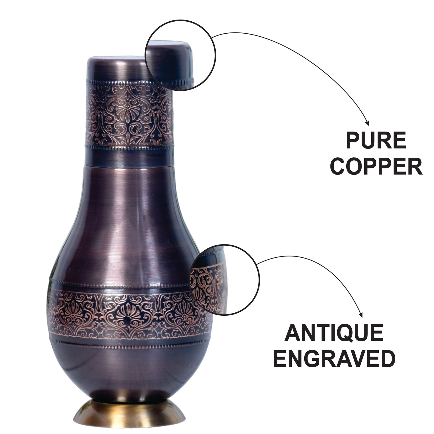 Pure Copper Modern Surahi Antique Engraving with Inbuilt Glass Capacity 1000 ML