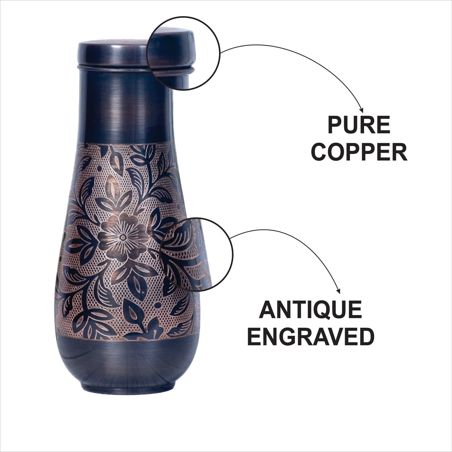 Pure Copper Tulip Jar Antique Engraving Floral Designed with Inbuilt Glass Capacity 1400ML