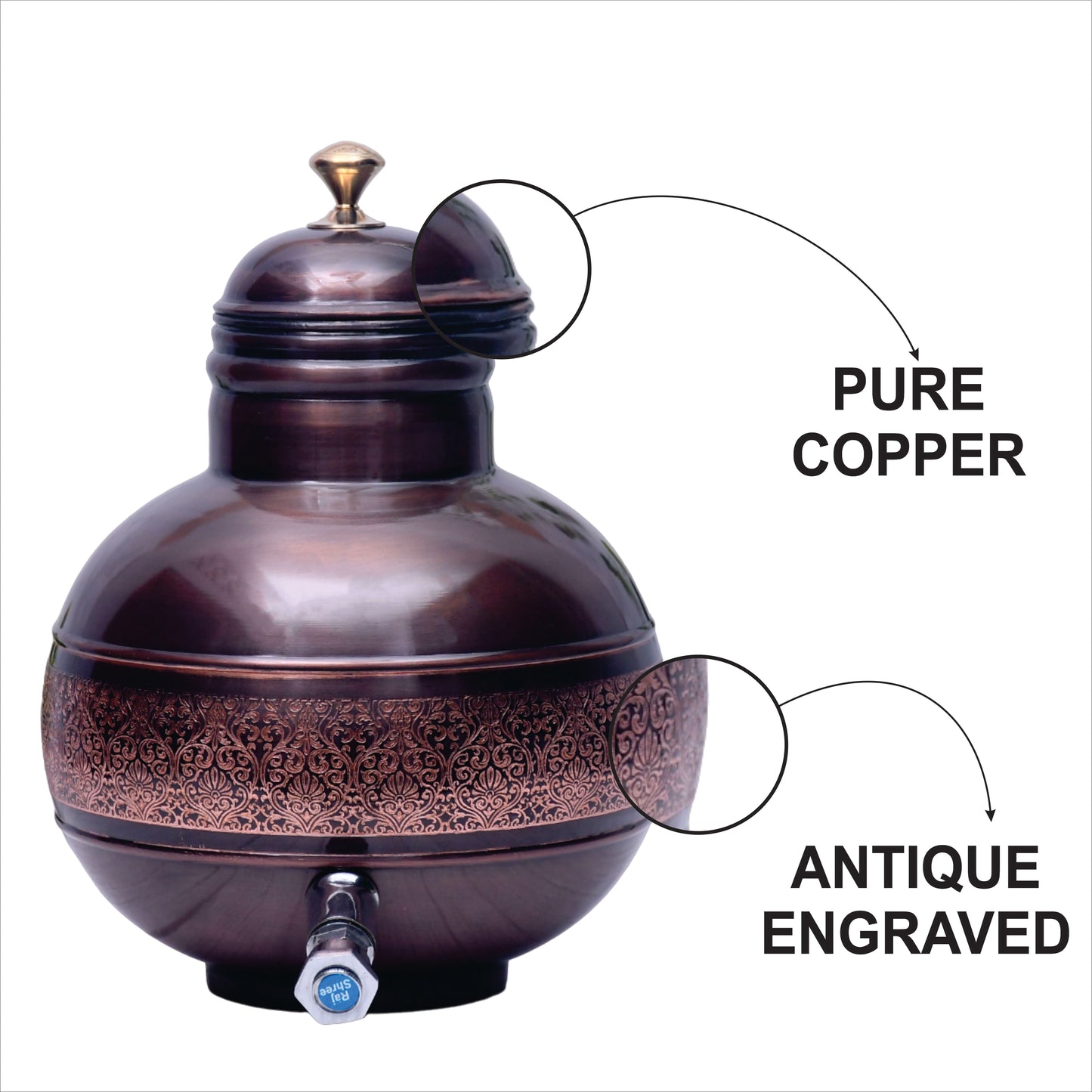 Pure Copper Antique Engraved Ghada/Pot Water Dispenser Capacity 8000ML