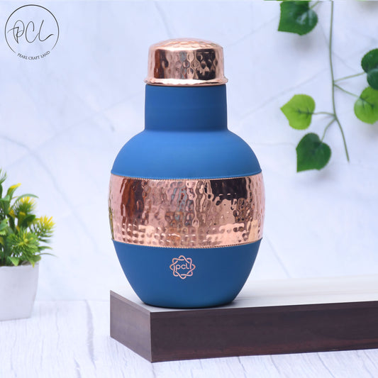 Pure Copper Silk Blue Apple Pot with Inbuilt Glass Capacity 1200ML