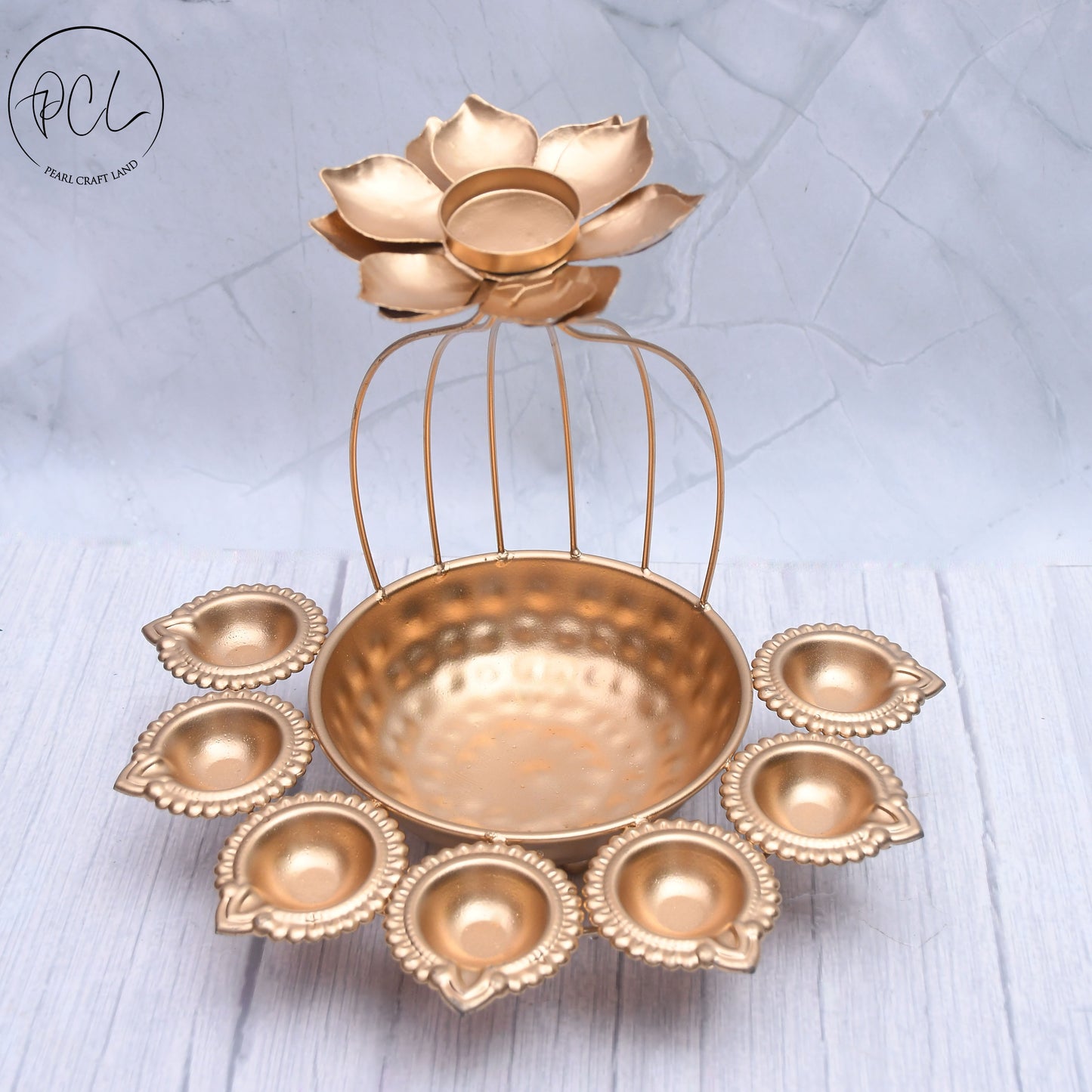 Exclusive Handmade Iron Urli Bowl and Metal Diya Set in Lotus Shape with Gold Powder Coating for Home Decor