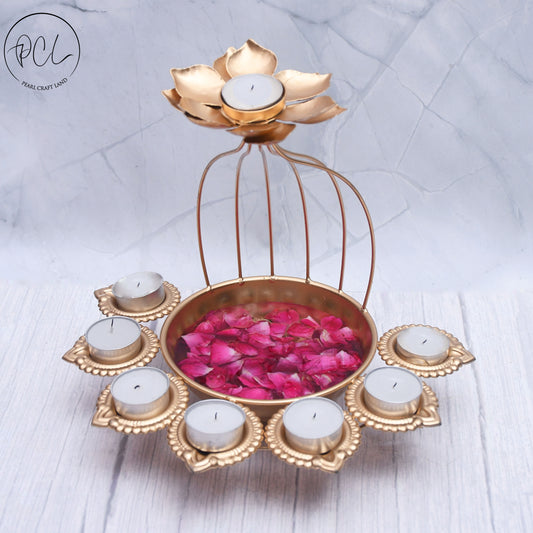 Exclusive Handmade Iron Urli Bowl and Metal Diya Set in Lotus Shape with Gold Powder Coating for Home Decor