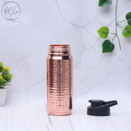 Pure Copper Sipper and Gym Water Bottle Black Cap Hammered Designed Capacity 750ML
