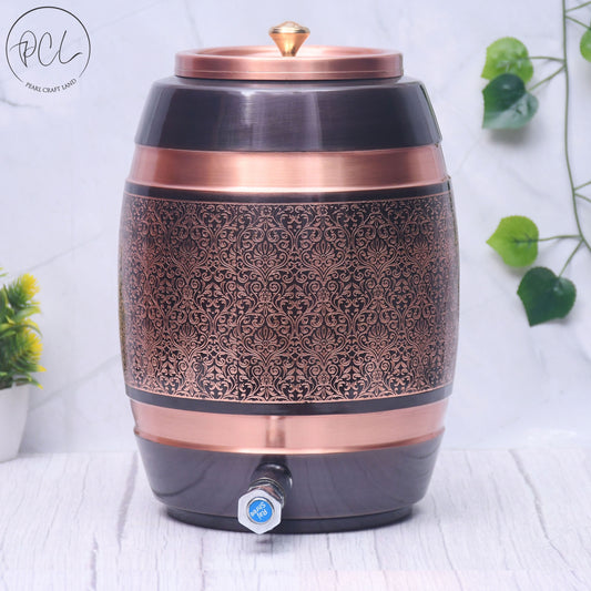 Pure Copper Water Dispenser Barrel Matka Antique Engraved Designed Capacity 5000 ML.