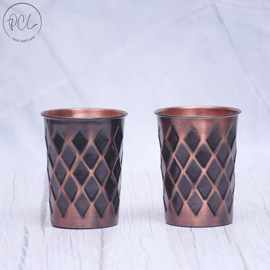 Pure Copper Water Glass Set of 2 Antique Diamond Design Tumbler Capacity 300ML