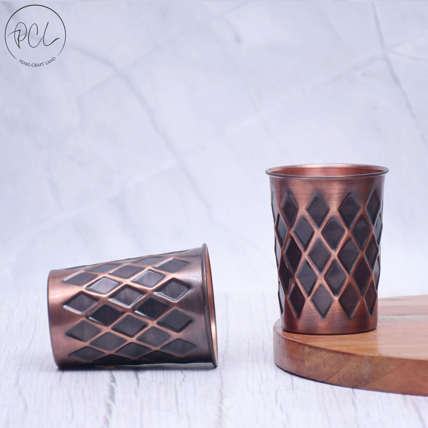 Pure Copper Water Glass Set of 2 Antique Diamond Design Tumbler Capacity 300ML