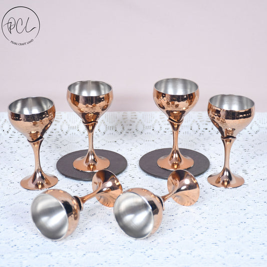 Beautifully Designed Copper Finished Round Tequila Glass Set of 6 With Wooden Box Barware