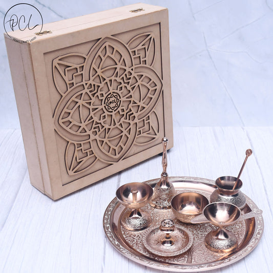 Exclusive Rose Gold Pooja Thali Set with Royal Wooden Gifting Box.