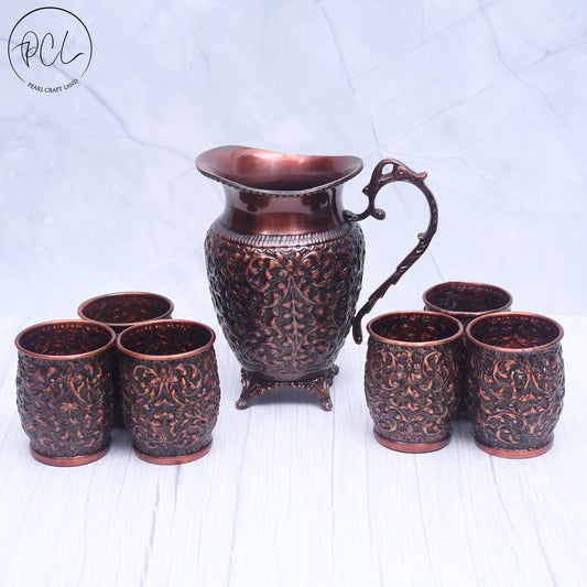 Exclusive Pure Copper Embroidery Lemon Set with Antique Finish 1 Jug , 6 Glasses With Tray