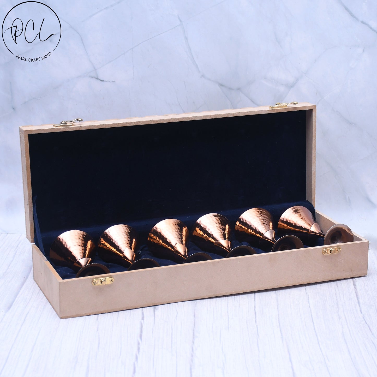 Beautifully Designed Copper Finished Tequila Glass Set of 6 With Wooden Box Barware