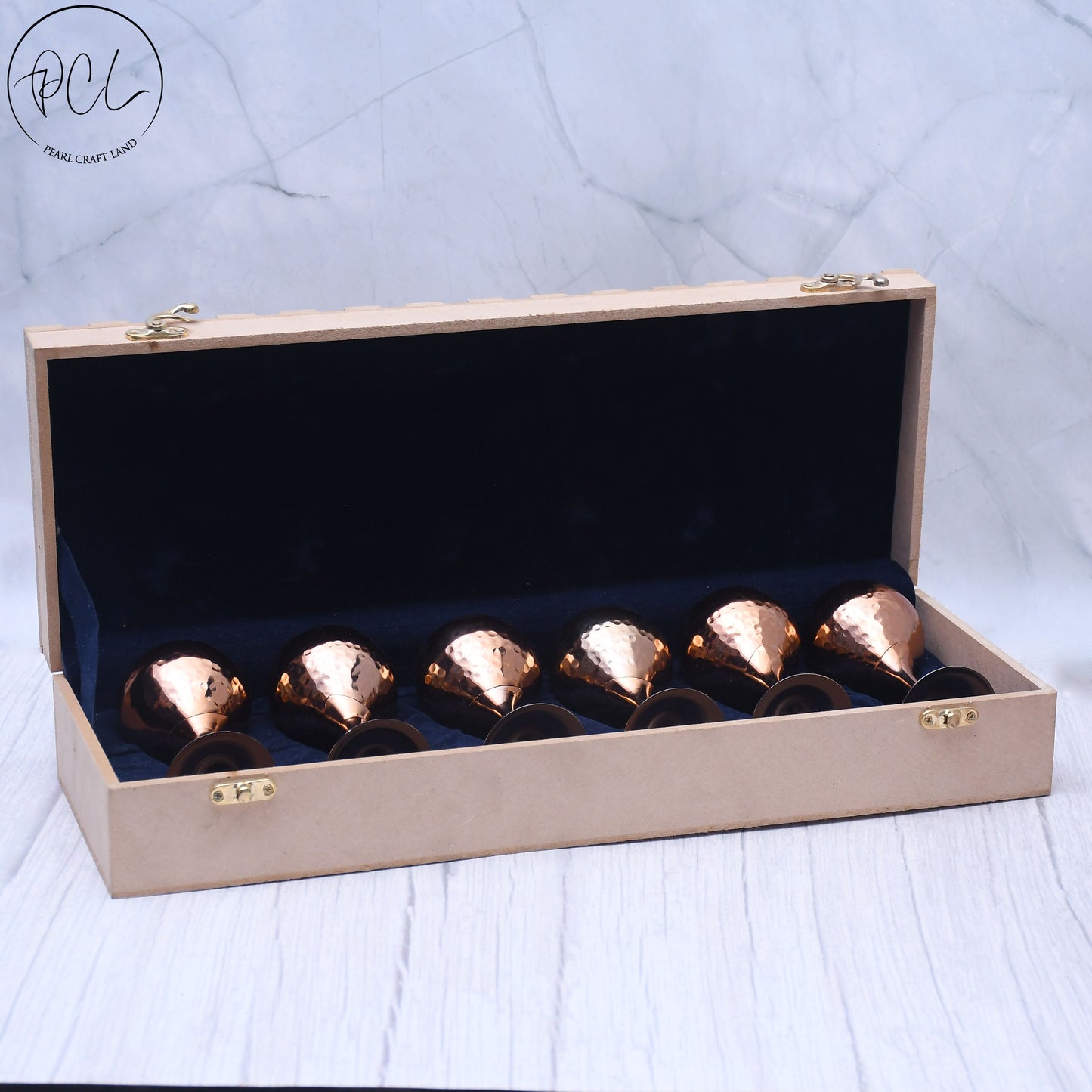 Beautifully Designed Copper Finished Round Tequila Glass Set of 6 With Wooden Box Barware