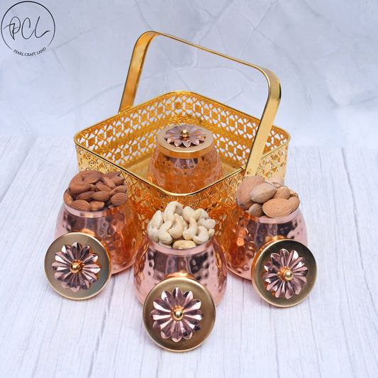Exclusive Basket with 4 Dry Fruit Container Pot with Copper Hammered Finish For Multi-Purposes