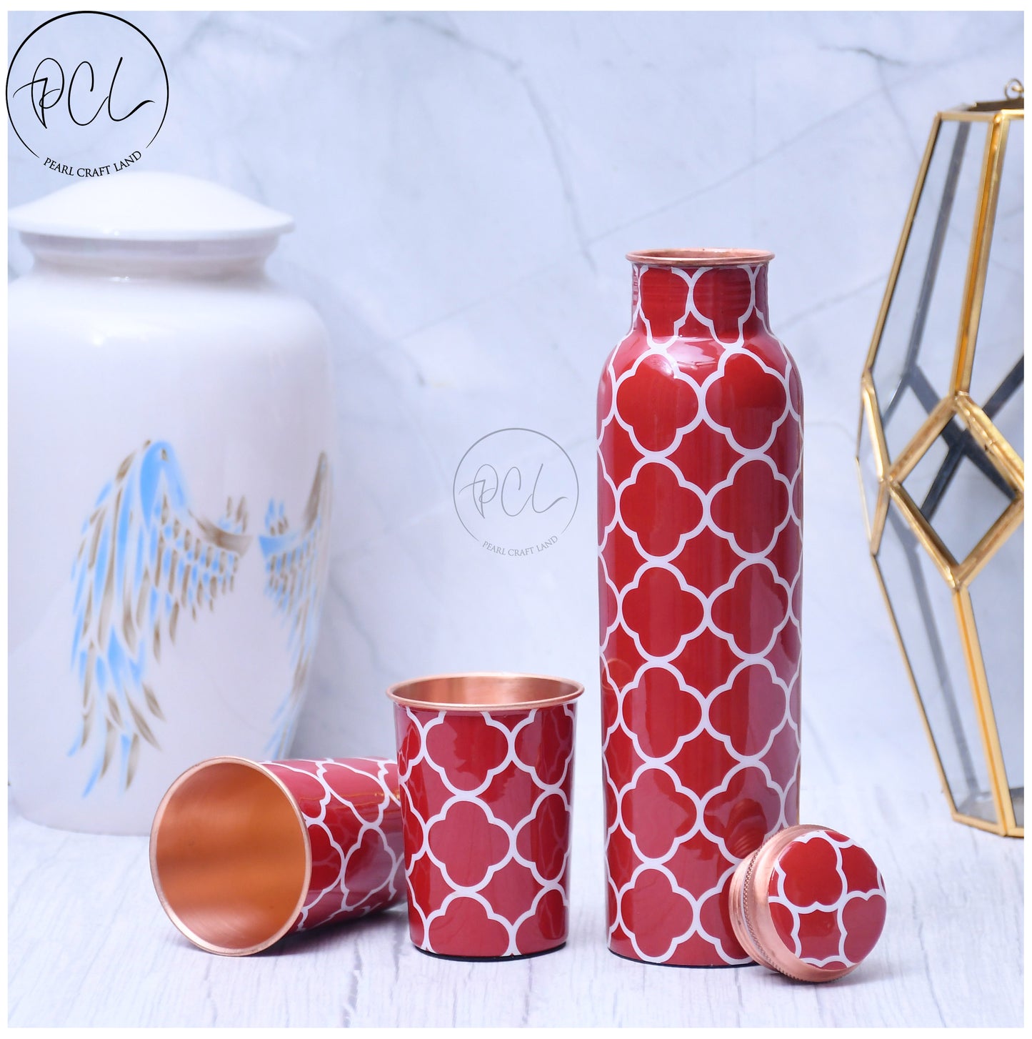 Red Floral Printed Pure Copper Water with 2 Glasses / Tumbler Set of 3 Capacity 1450 ML