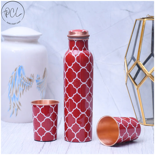 Red Floral Printed Pure Copper Water with 2 Glasses / Tumbler Set of 3 Capacity 1450 ML
