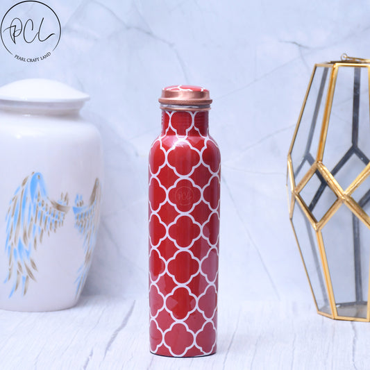 Red Floral Printed Pure Copper Water Bottle Leak Proof Capacity 1000 ML