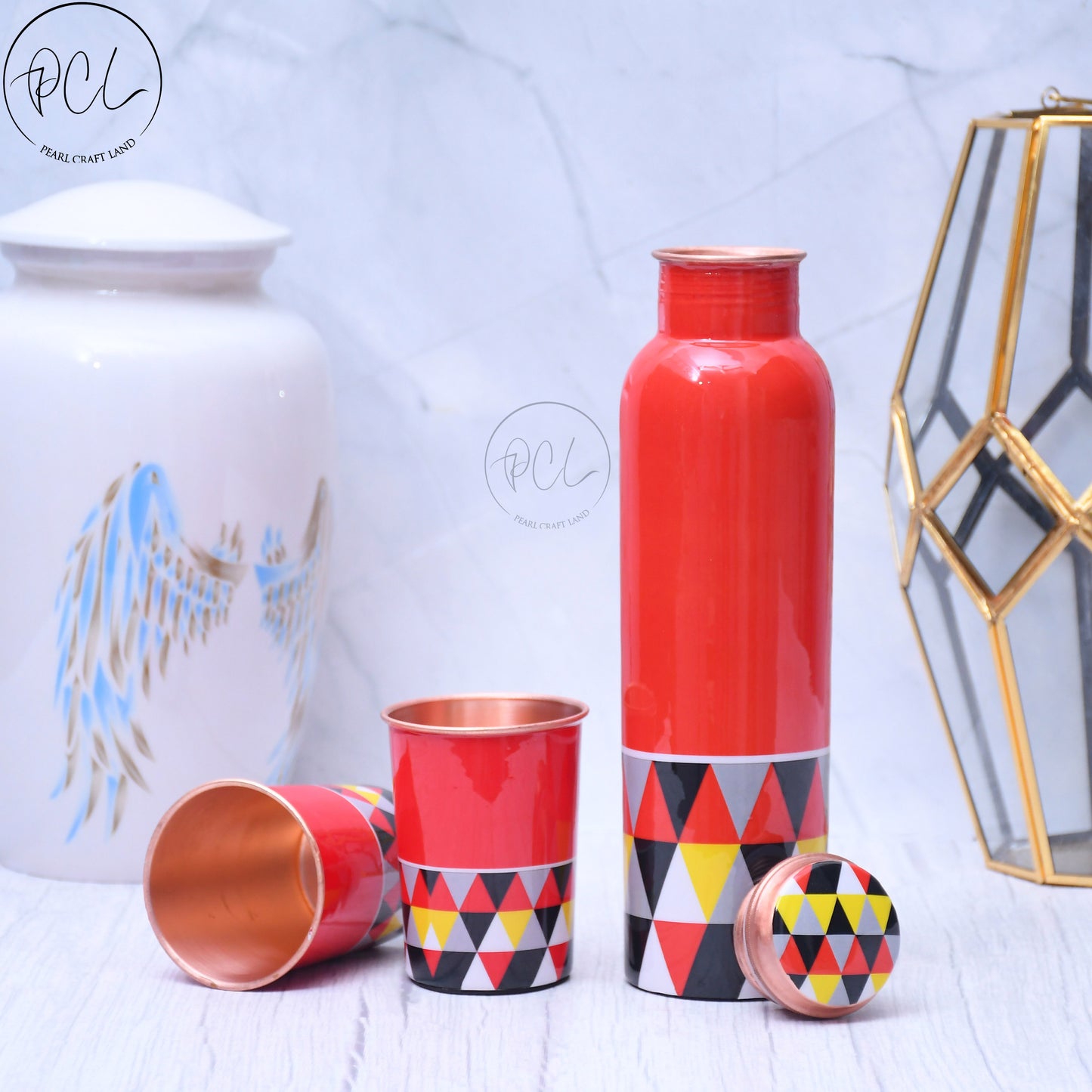 Exclusive Triangle Design Printed Copper Bottle with 2 Glasses/ Tumbler Set of 3 Capacity 1450 ML