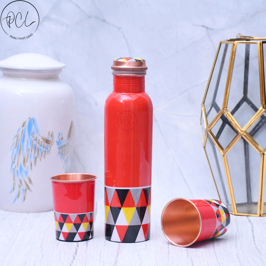 Exclusive Triangle Design Printed Copper Bottle with 2 Glasses/ Tumbler Set of 3 Capacity 1450 ML