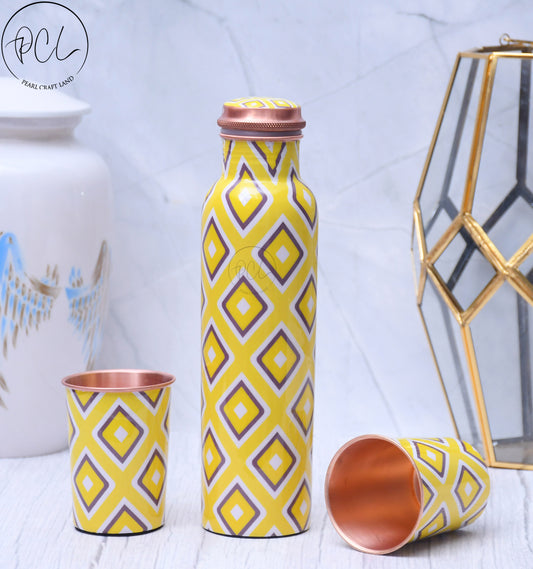 Exclusive Neon Design Printed Copper Bottle with 2 Glasses / Tumbler Set of 3 Capacity 1450 ML