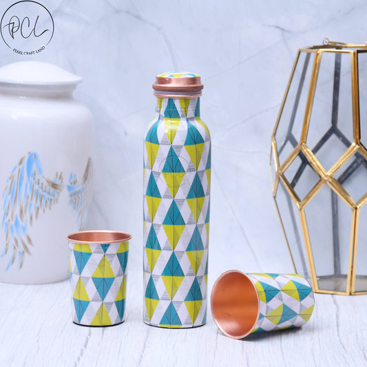 Spiffy Geometric Printed Copper Bottle with 2 Glasses / Tumbler Set of 3 Capacity 1450 ML
