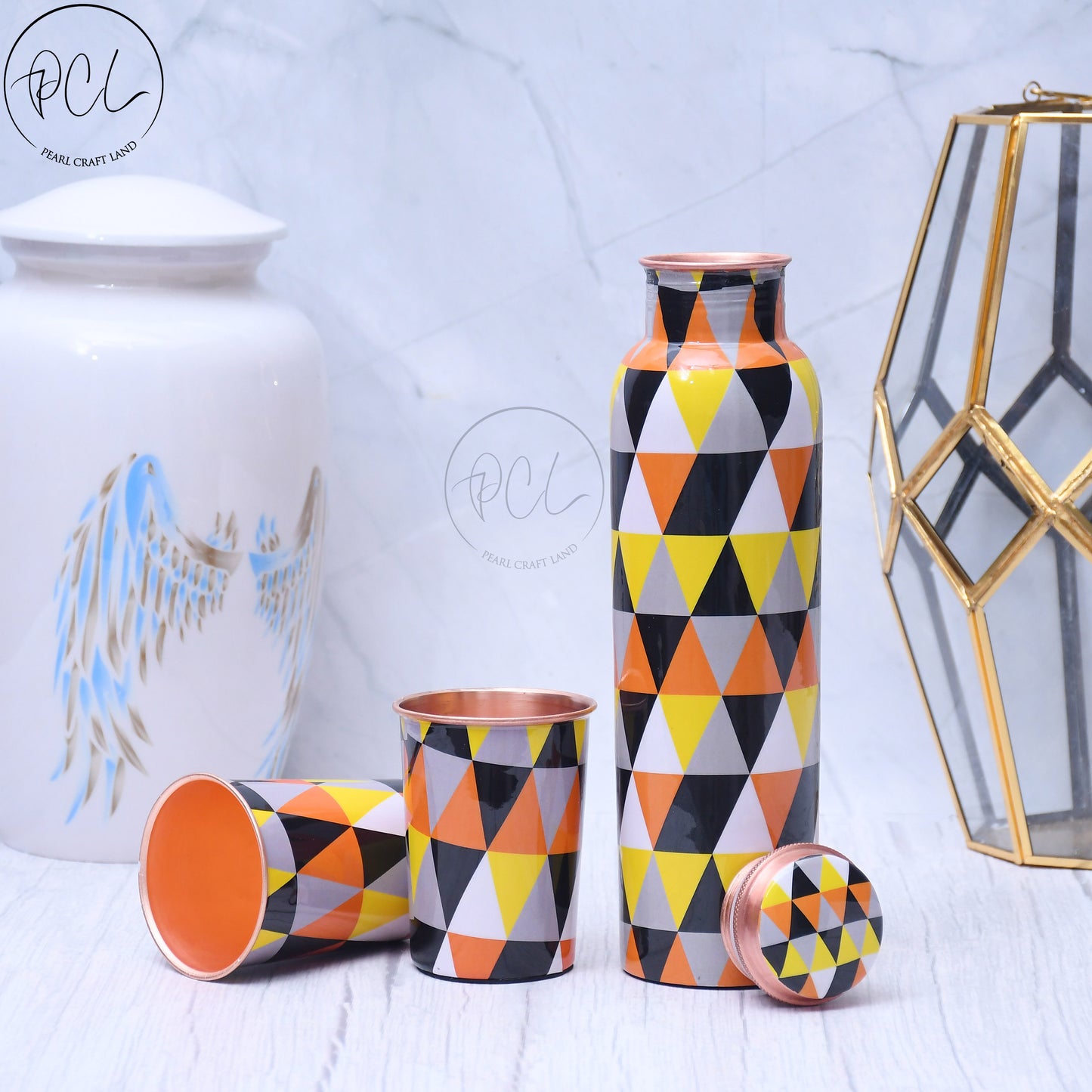 Exclusive Geometric Designed Pure Copper Bottle with 2 Glasses Set of 3 Capacity 1450 ML