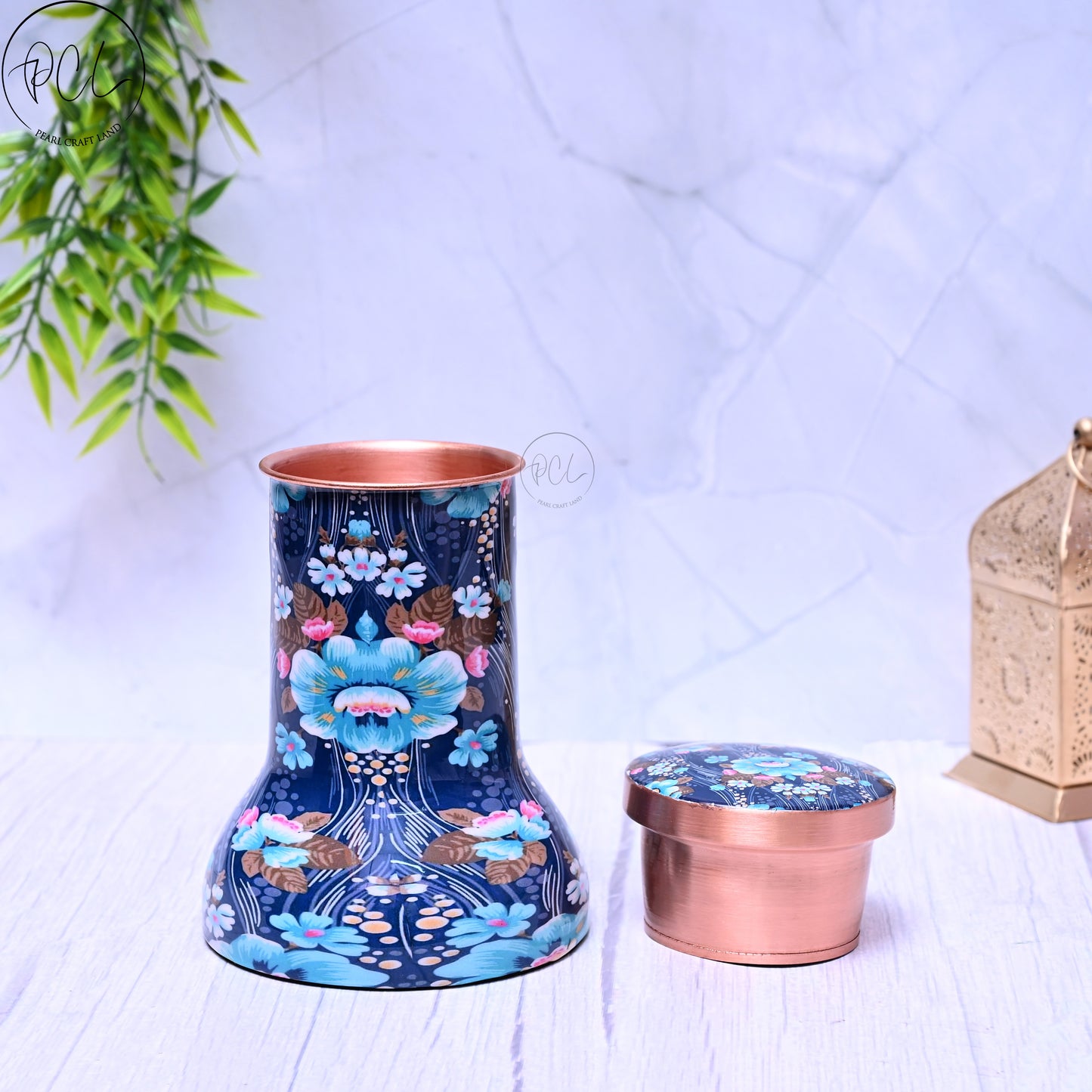 Pure Copper Bedside Blue Floral Printed Jar  with In-Built Glass Capacity 1000ML.