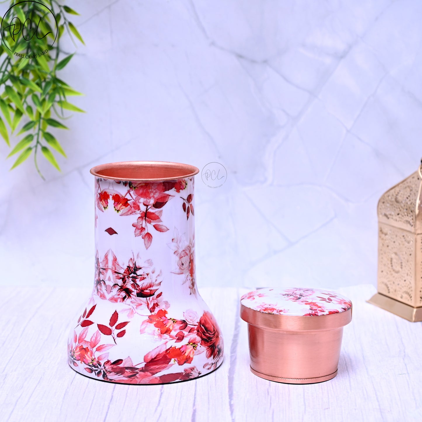 Pure Copper Bedside Red Floral Printed Jar with In-Built Glass Capacity 1000ML.