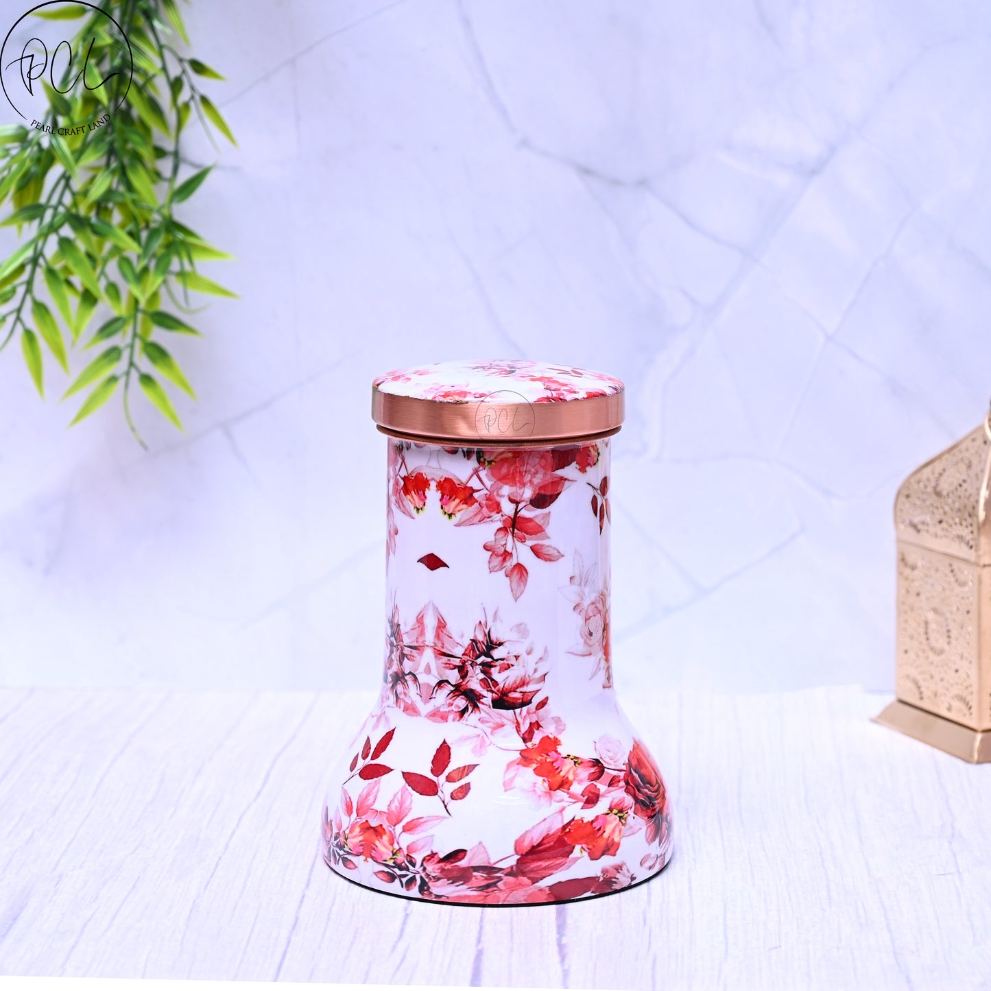 Pure Copper Bedside Red Floral Printed Jar with In-Built Glass Capacity 1000ML.