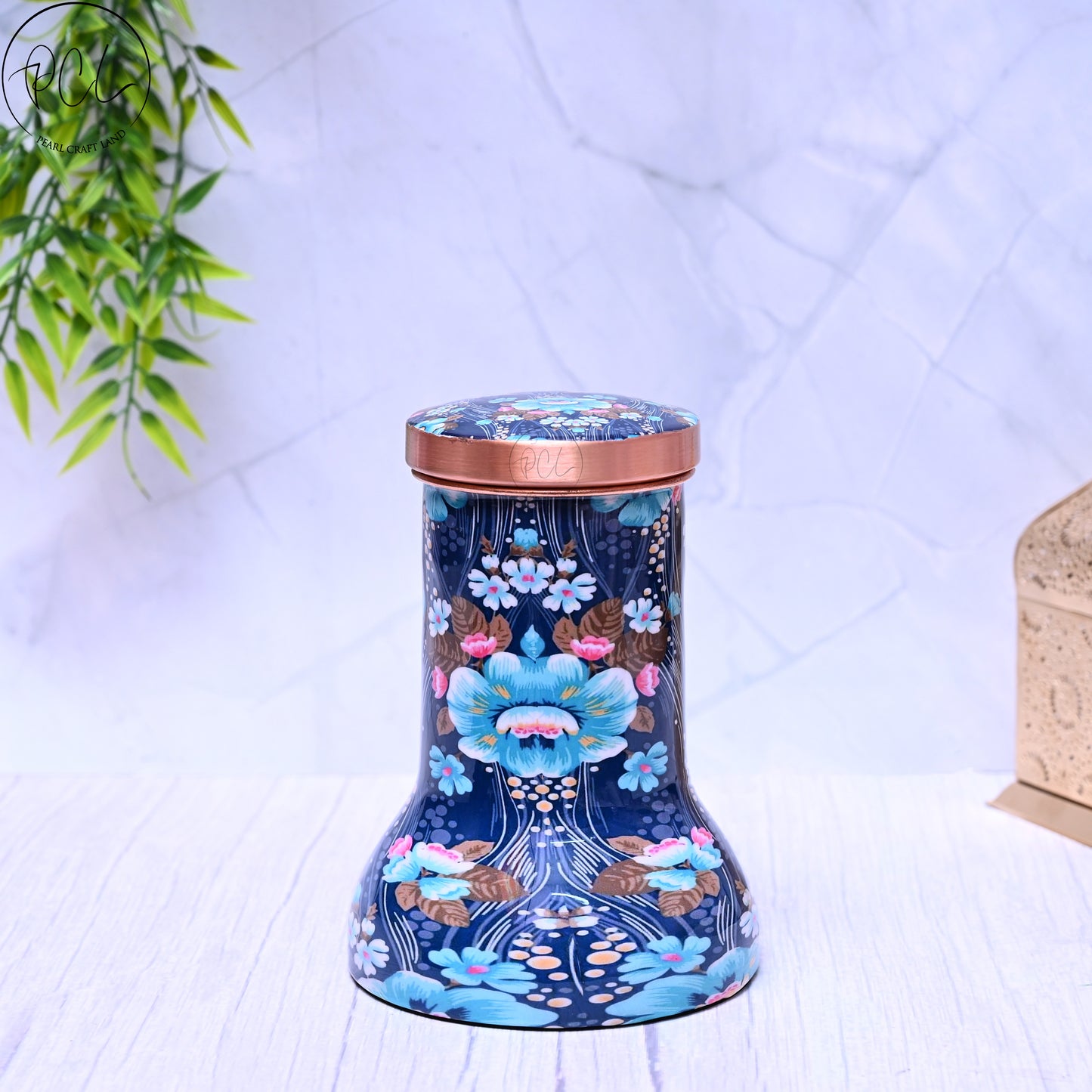 Pure Copper Bedside Blue Floral Printed Jar  with In-Built Glass Capacity 1000ML.