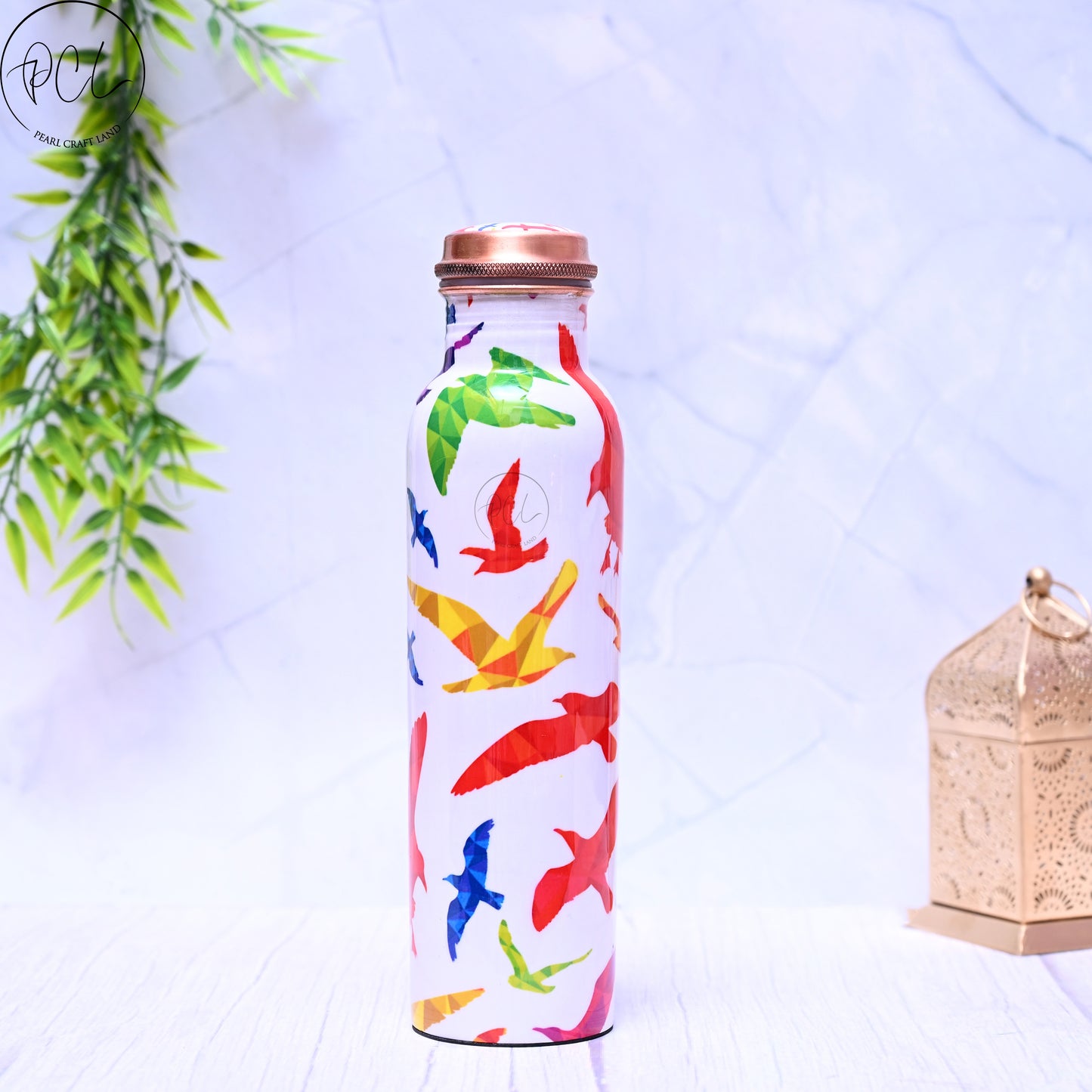 Pure Copper Multi Coloured Birds Printed Water Bottle with Leak Proof Capacity 1000 ML.