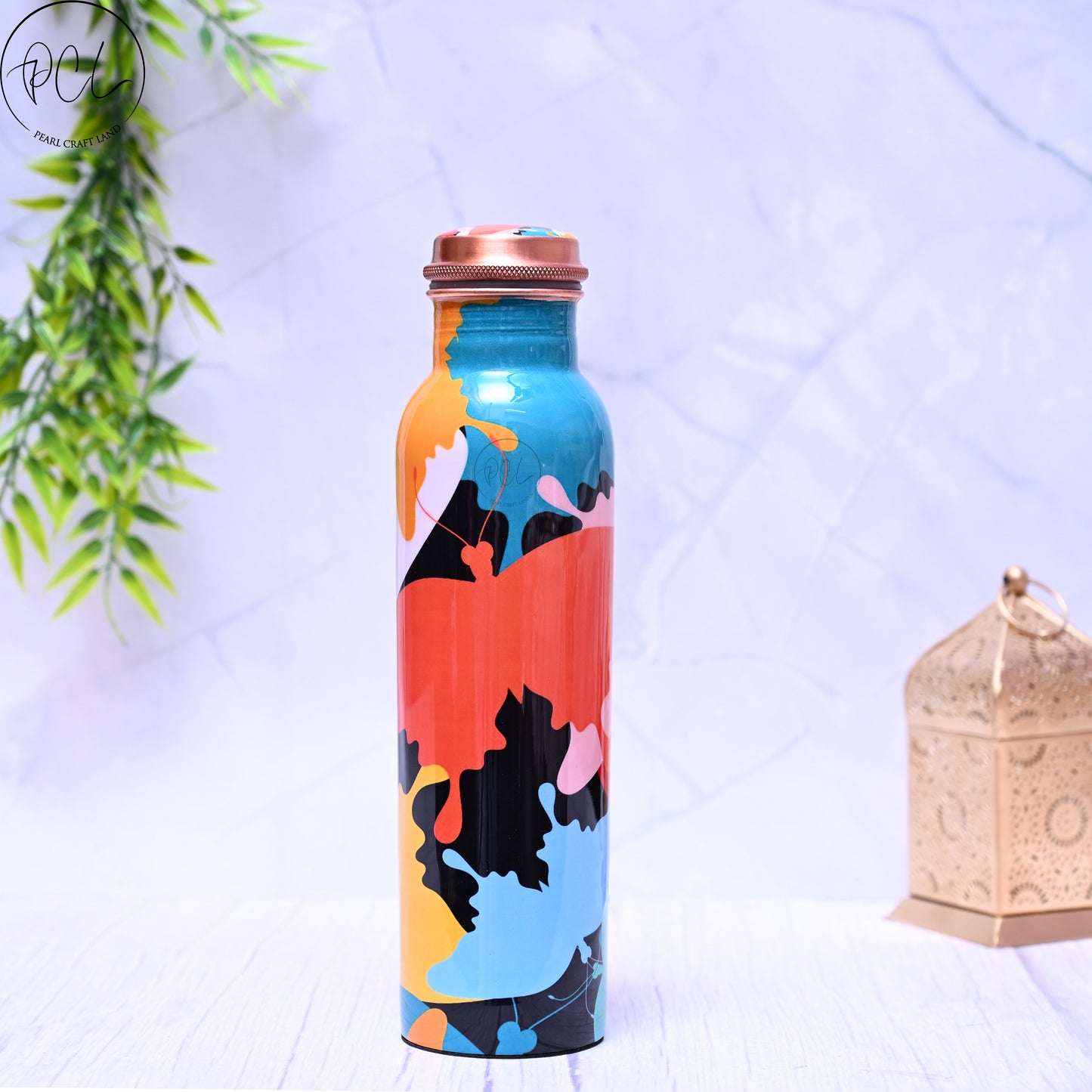 Pure Copper Multicoloured Abstract Printed Water Bottle with Leak Proof Capacity 1000 ML.